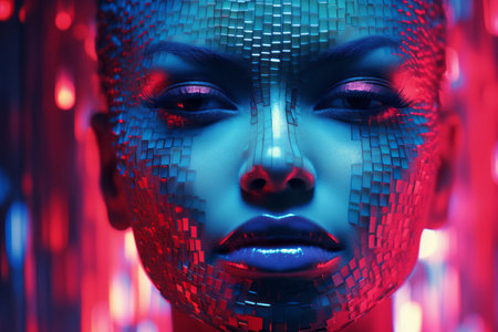 an image of a womans face with blue and red lightsの素材
