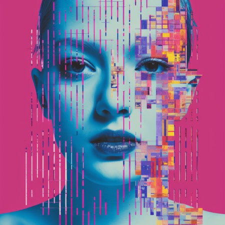 an image of a womans face with a pixelated face on a pink backgroundの素材