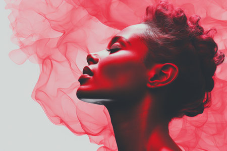 an image of a woman with red smoke coming out of her hairの素材
