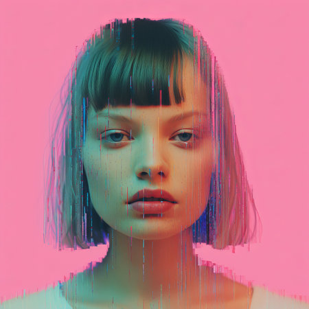 an image of a woman with short hair and a pink backgroundの素材