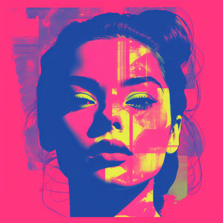 an image of a womans face with a pink and blue backgroundの素材
