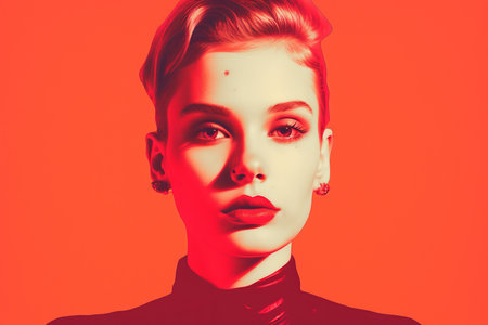 an image of a woman with red lipstick on an orange backgroundの素材