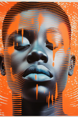 an orange and black painting of a womans faceの素材