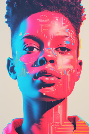 an image of a young woman with an electronic circuit on her faceの素材