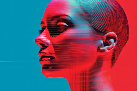 an image of a womans face with a red and blue backgroundの素材