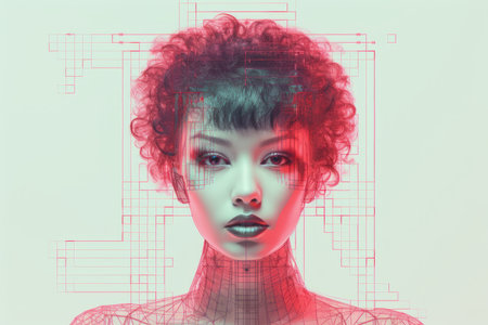 an image of a woman with red hair and red lines on her faceの素材