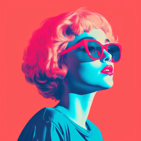 an image of a woman with pink and blue hair and sunglassesの素材