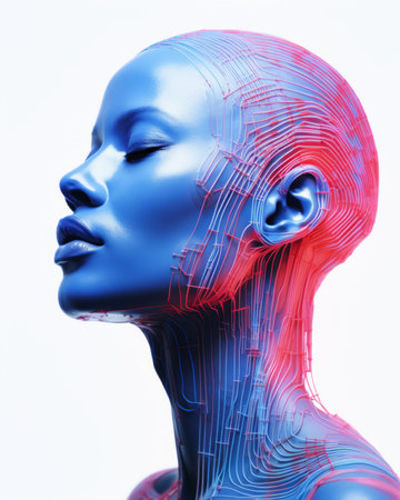 the face of a woman with a circuit board on her headの素材