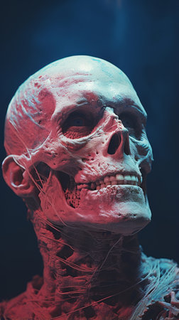 a close up of a skeletons face with red and blue lightingの素材