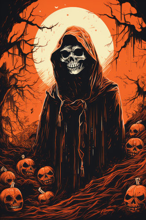 a halloween poster with the grim reaper in the middle surrounded by pumpkinsの素材