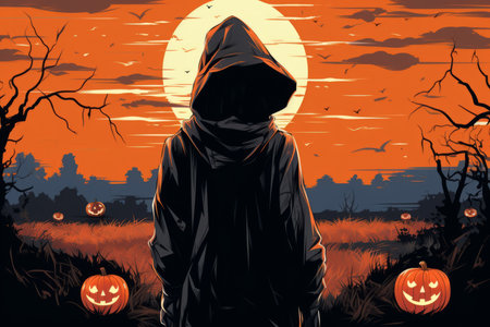 a halloween poster with a man in a hoodie standing in front of pumpkinsの素材