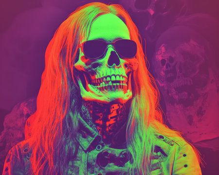 a man with long hair and sunglasses wearing a skull maskの素材