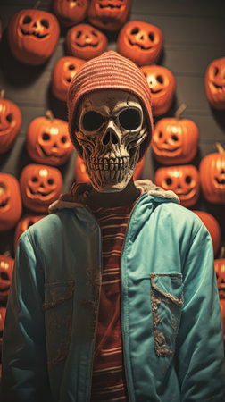 a man in a blue jacket and hat is standing in front of halloween pumpkinsの素材