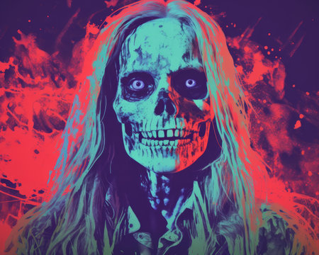 a painting of a woman with long hair and a skeleton faceの素材