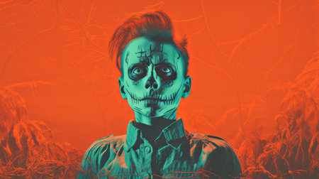 a person with a skeleton face and red hair standing in the middle of a fieldの素材