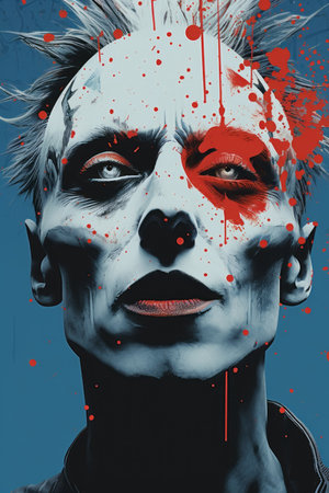 a poster of a man with blood splattered on his faceの素材