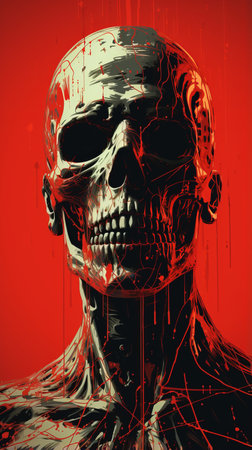 a red and black poster with a skull on itの素材
