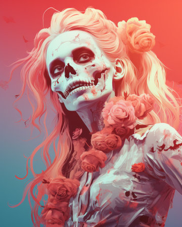 a painting of a woman with a skull on her faceの素材