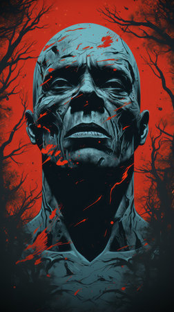 a poster of a man with blood on his face and trees in the backgroundの素材