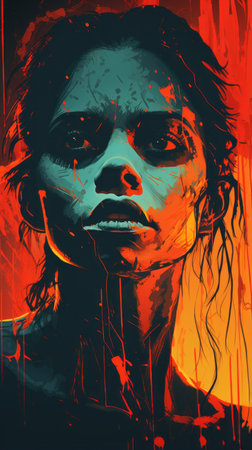 a poster of a woman with blood dripping down her faceの素材