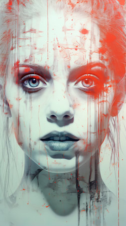 a painting of a woman with blood splatters on her faceの素材