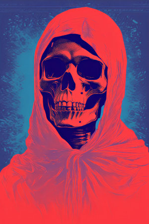 a red and blue skull with a hood on itの素材