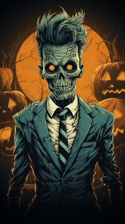 a skeleton in a suit and tie standing in front of pumpkinsの素材