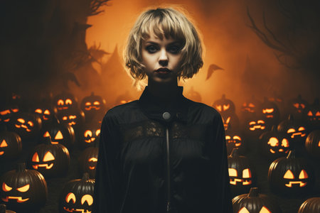 a woman in a halloween costume surrounded by pumpkinsの素材