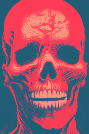 a red and pink skull on a blue backgroundの素材