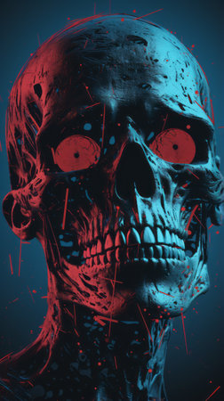a skull with red eyes on a blue backgroundの素材
