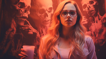 a woman in glasses holding a drink in front of a wall of skullsの素材