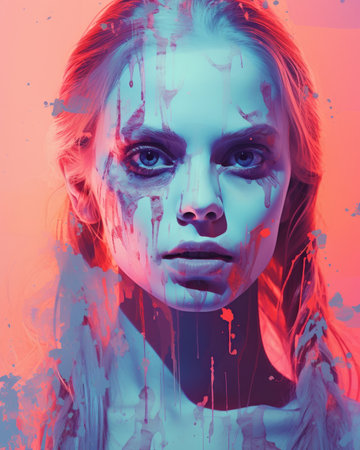 a woman with blue and pink paint splatters on her faceの素材