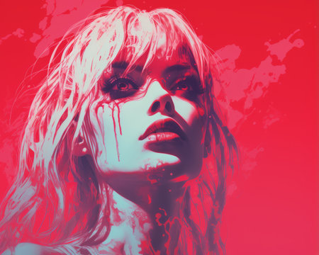 a woman with blood on her face and a red backgroundの素材