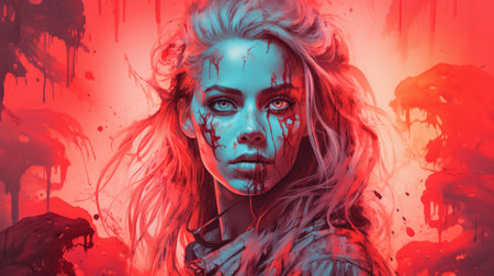 a woman with blood on her face in front of a red backgroundの素材