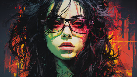 a woman with glasses and long hair in a colorful paintingの素材