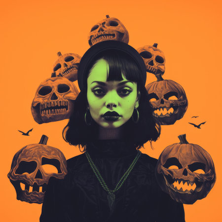 a woman with black makeup and green eyes is surrounded by pumpkinsの素材