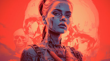 a woman with a skull on her face in front of a red backgroundの素材