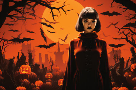 a woman in a halloween costume stands in front of pumpkins and batsの素材