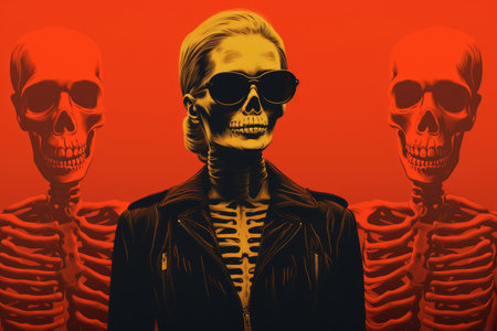 a woman wearing sunglasses and a skeleton in front of an orange backgroundの素材