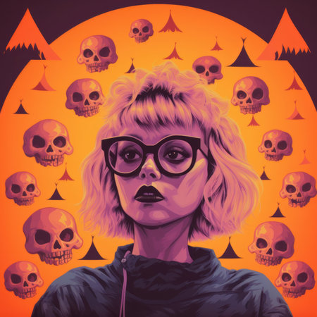 a woman with glasses and skulls in the backgroundの素材