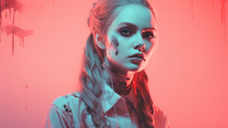 a woman with blood splattered on her faceの素材