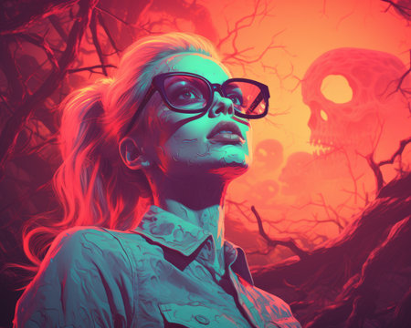 a woman with glasses and a skull in the backgroundの素材