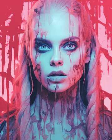 a woman with blood dripping down her face in front of a pink and blue backgroundの素材
