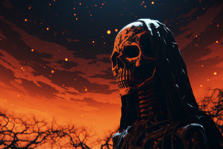 a skeleton standing in front of a red skyの素材