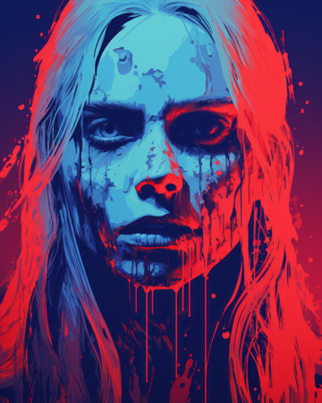 a woman with blood dripping down her faceの素材