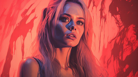 a woman with long blonde hair in front of a red backgroundの素材