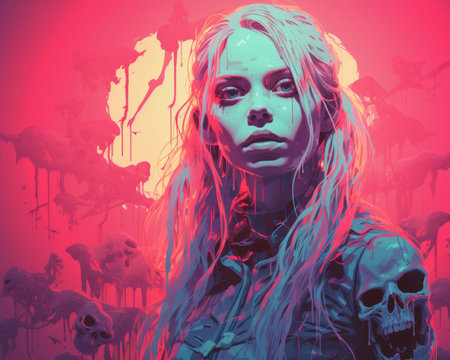 a woman with long blonde hair standing in front of skullsの素材