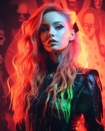 a woman with long hair and neon green hair standing in front of a group of peopleの素材