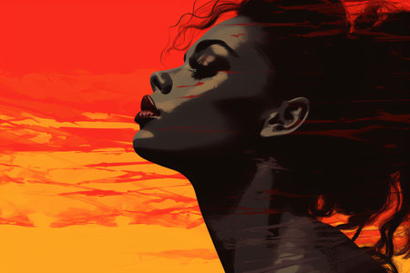 a woman with long hair in front of an orange and red skyの素材