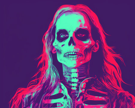 a woman with long hair and a skeleton faceの素材